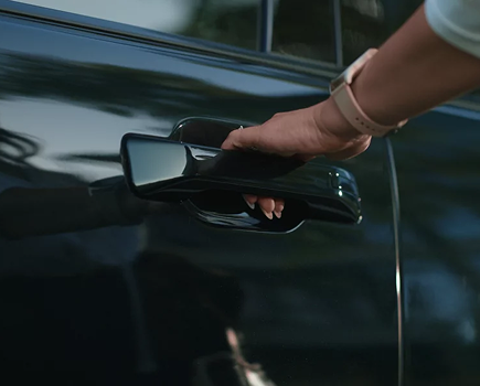 A hand reaching for the flush door handle of a dark Palisade