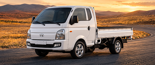 A white Hyundai flatbed work truck on a desert road at sunset