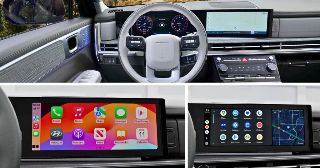 The 12.3-inch touchscreen, wireless Apple CarPlay and Android Auto are standard features across the 2024-2026 Hyundai Santa Fe models