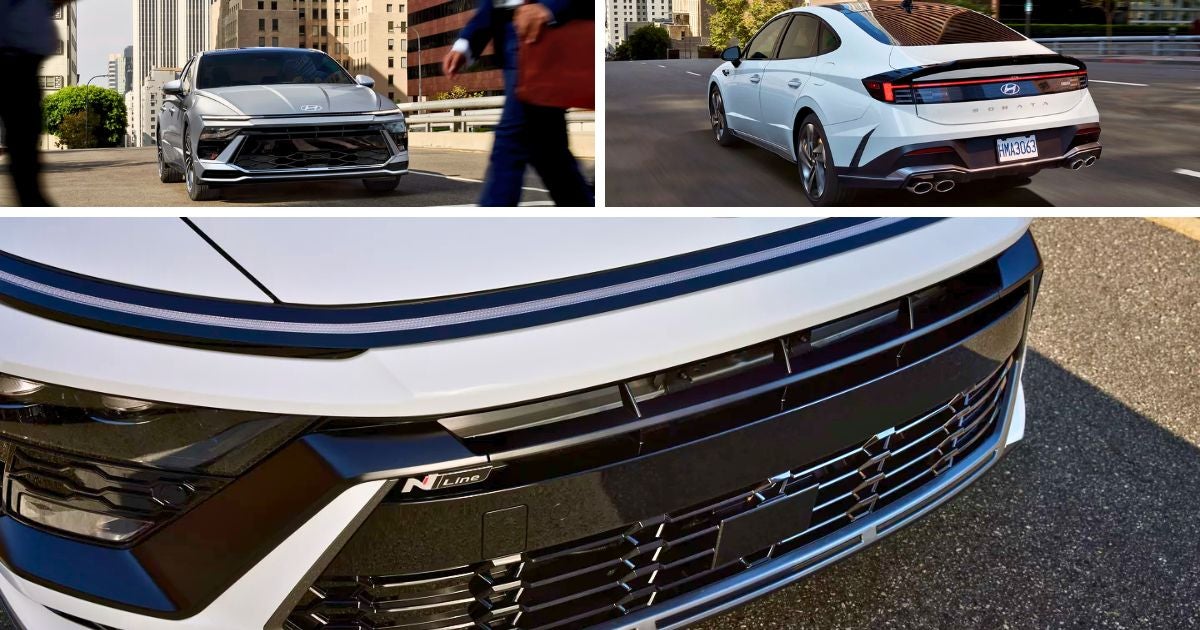 The 2026 Hyundai Sonata has a sporty exterior styling with its wide grille, low LED headlights, and dual exhaust tips