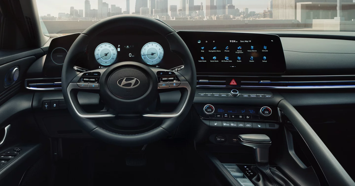The available 10.25-inch touchscreen with navigation and a 10.25-inch fully digital instrument cluster of the 2026 Hyundai Elantra