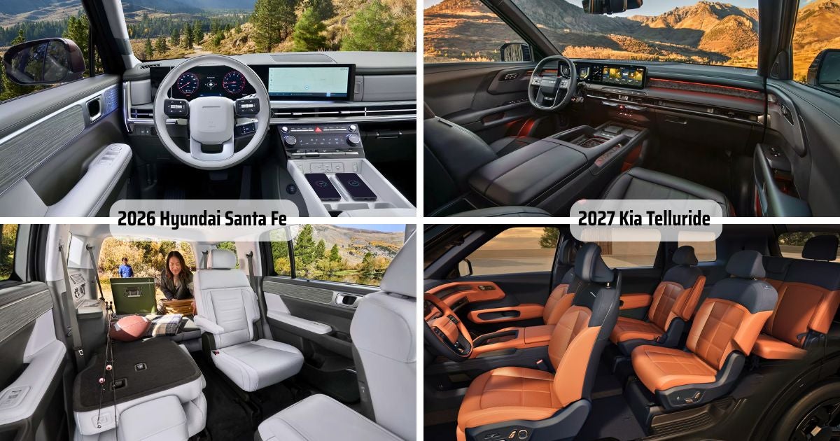 The tech and interior features of the 2026 Hyundai Santa Fe vs 2027 Kia Telluride
