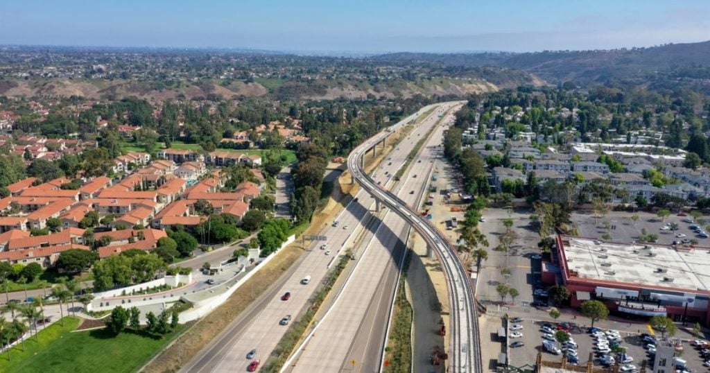 An aerial view of the driving conditions in a San Diego freeway in California