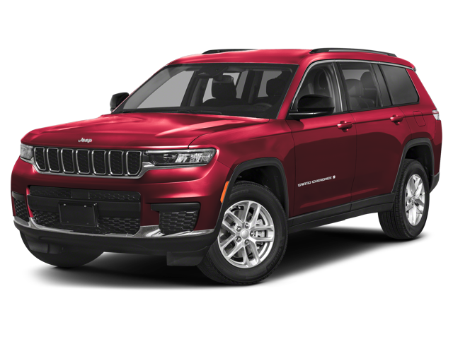 A stock photo of a velvet red Jeep Grand Cherokee L three-row SUV. 