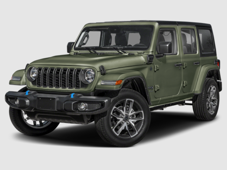 A 2024 Jeep Wrangler 4xe Willys 4-door in classic army green. 