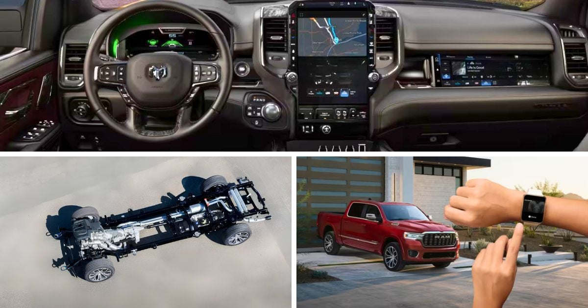 Ram 1500 comes with different standard features: over 50 inches of combined digital displays, level four-corner air suspension, and Ram Digital Key
