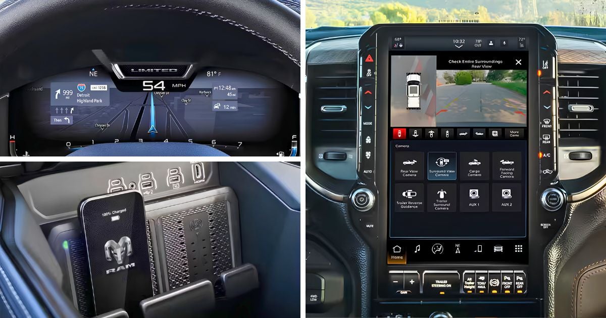 The 12-inch digital gauge cluster, dual wireless charging pads, and 360-degree Surround View Camera in the Ram 2500 Limited and Limited Longhorn