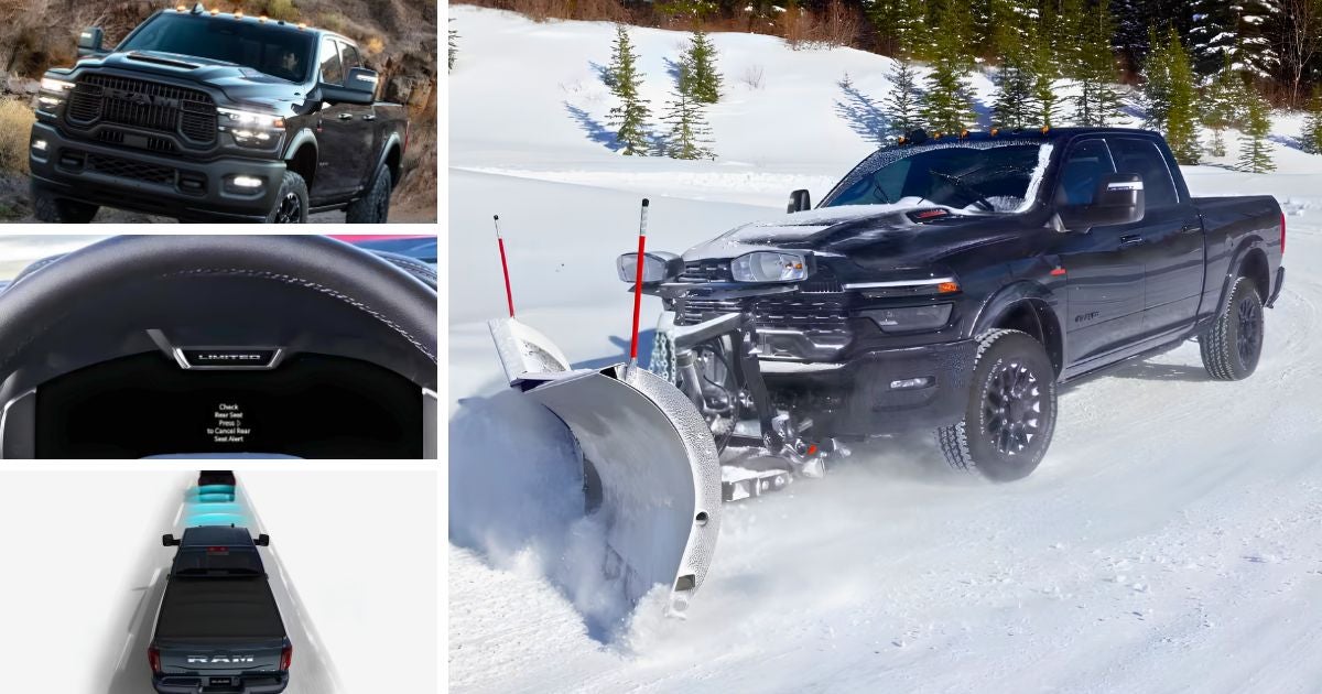 The different standard features in the 2026 Ram 2500: LED lighting, Rear Seat Reminder, Adaptive Cruise Control, and Snowplow Prep with 220-amp alternator
