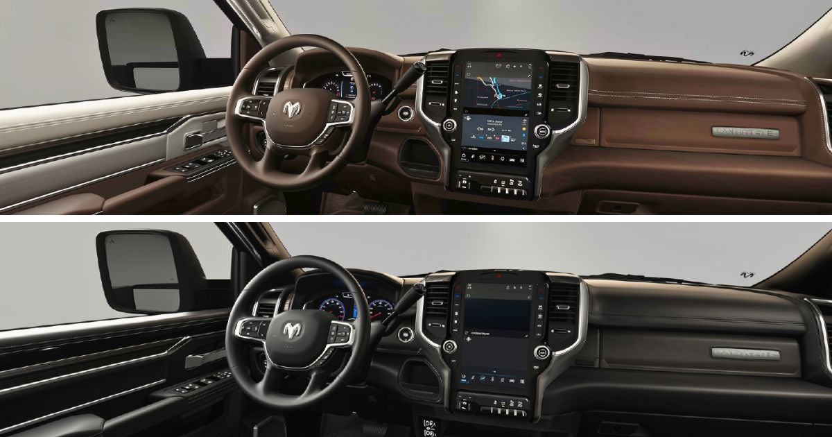 The interior of the 2026 Ram 2500 Laramie in Bison Brown and Black