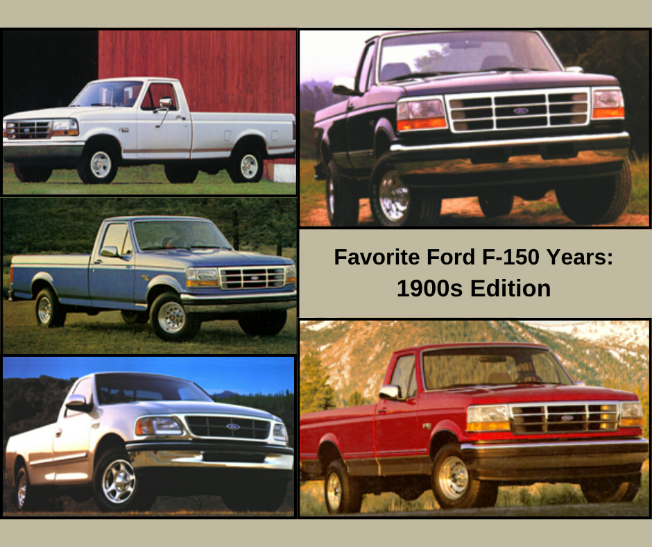 The Top 10 Most Searched Pre-2000 Ford F-150s. Text reads "Favorite Fords F-150 Years: 1900s Edition"