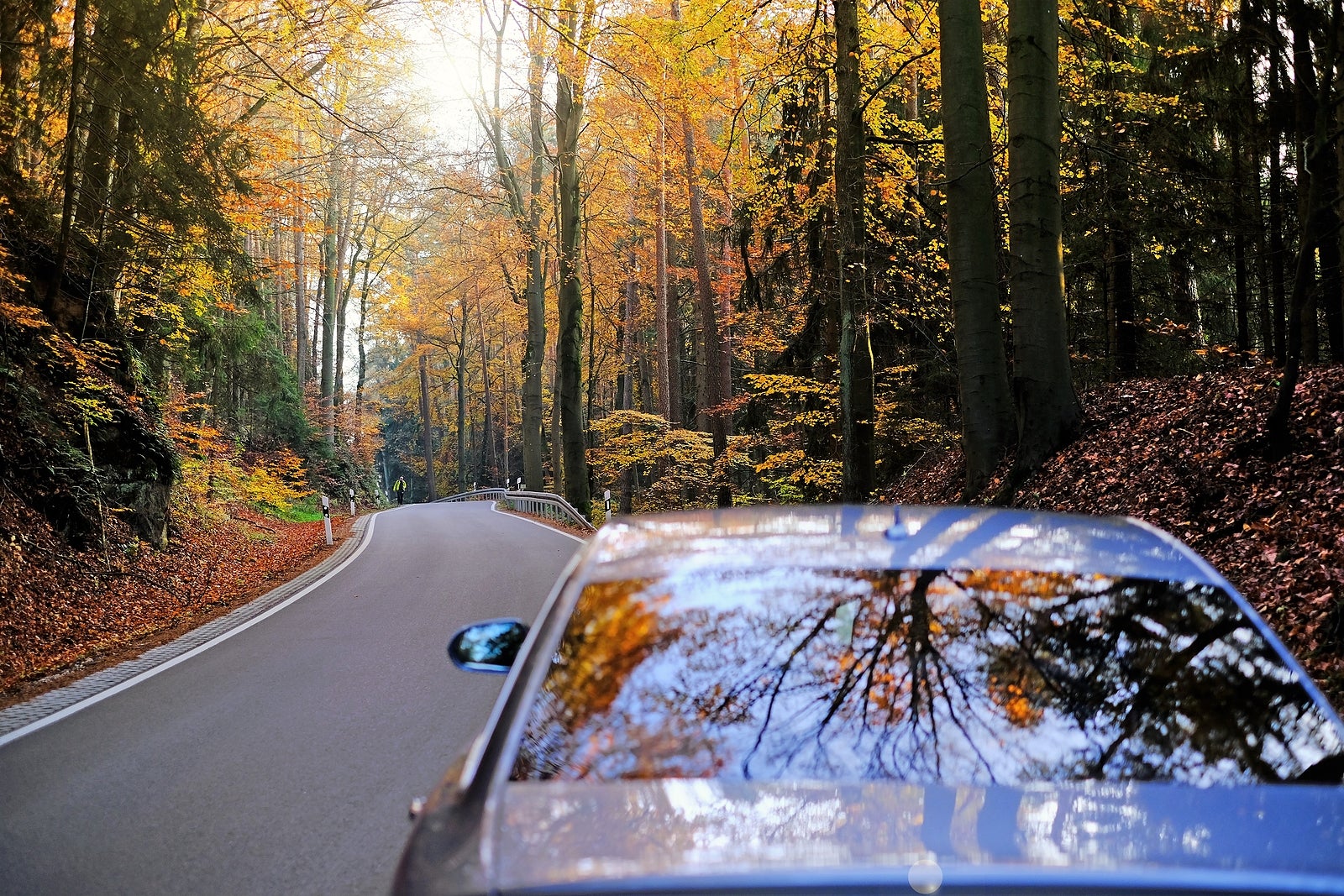 Autumn Travel And Trips.road View. Car On The Autumn Road.silver