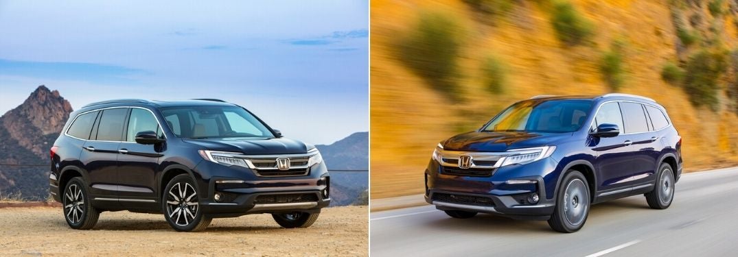 Blue 2021 Honda Pilot in a Desert vs Blue 2020 Honda Pilot on a Country Road