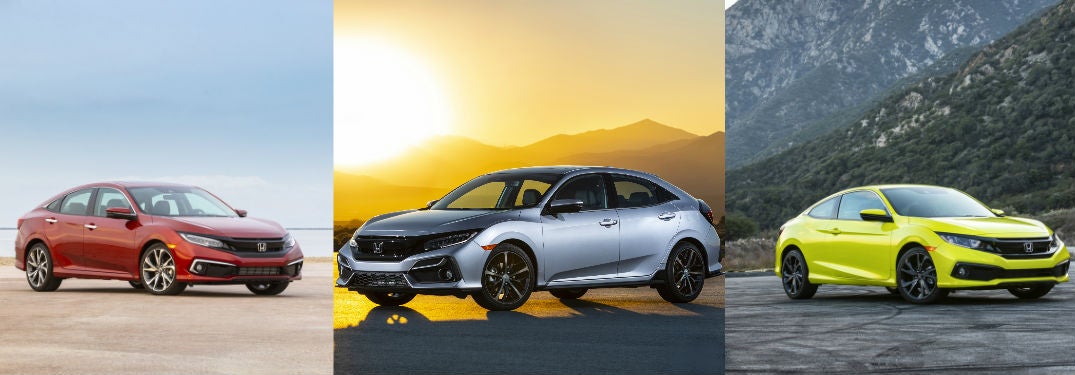 Red 2020 Honda Civic Sedan on Desert Road, Gray 2020 Honda Civic Hatchback at Sunset and Neon Yellow 2020 Honda Civic Coupe on Mountain Road