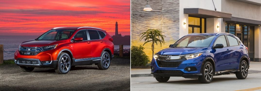 Red 2019 Honda CR-V at Sunset and Blue 2019 Honda HR-V on a City Street