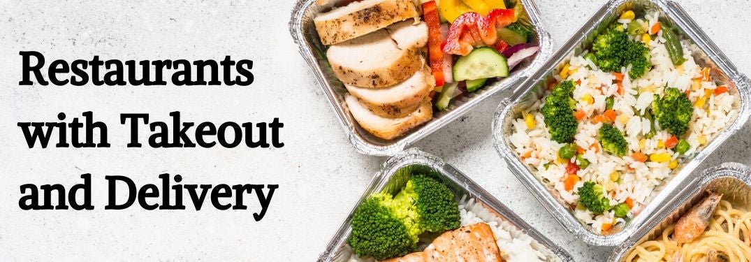 Takeout Food on a Table with Black Restaurants with Takeout and Delivery Text