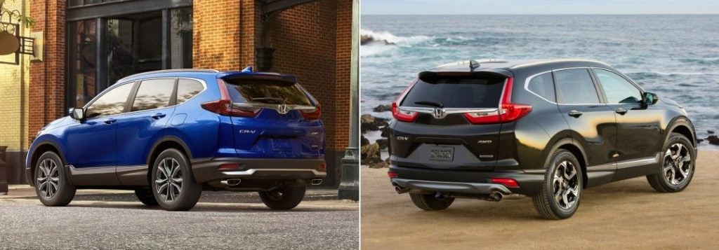 Blue 2020 Honda CR-V Rear Exterior on a City Street vs Black 2019 Honda CR-V Rear Exterior on a Beach
