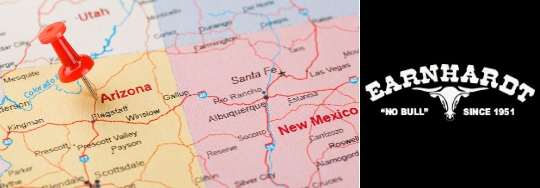 Close Up of Red Pin in Map of Arizona with Black Background and White Earnhardt Bull Logo