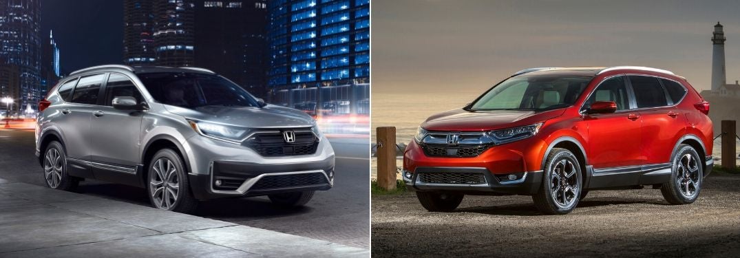 Silver 2020 Honda CR-V on City Street at Night vs Red 2019 Honda CR-V on a Pier
