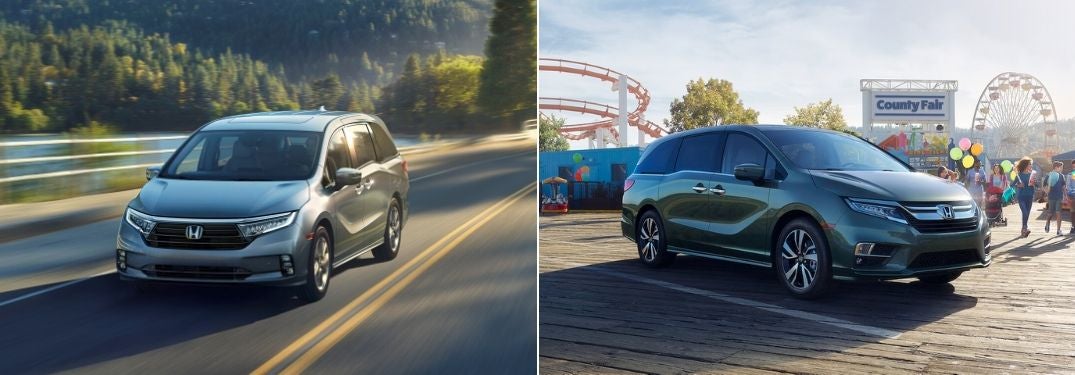 Gray 2021 Honda Odyssey on a Country Road vs Green 2020 Honda Odyssey at the Fair