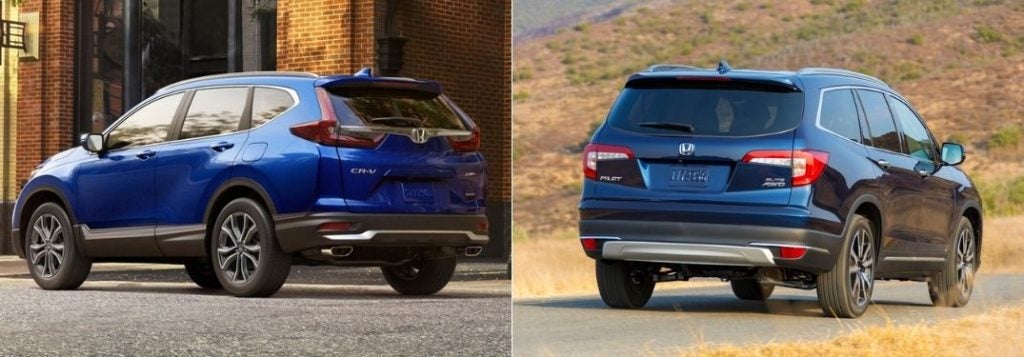 Blue 2021 Honda CR-V Rear Exterior vs Blue 2021 Honda Pilot Rear Exterior on a Desert Highway
