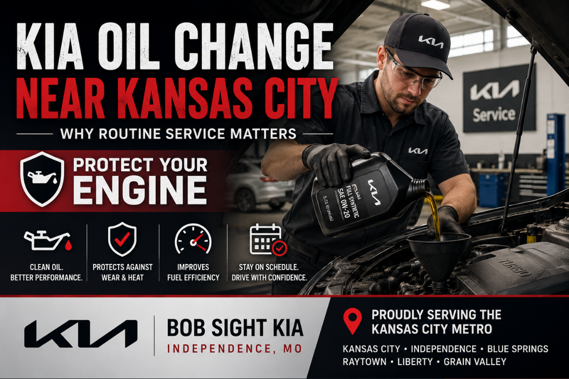 Certified technician performing a Kia oil change at Bob Sight Kia in Independence, Missouri. Routine Kia oil change service near Kansas City helps protect your engine, improve fuel economy, reduce wear, and keep your vehicle running at peak performance.