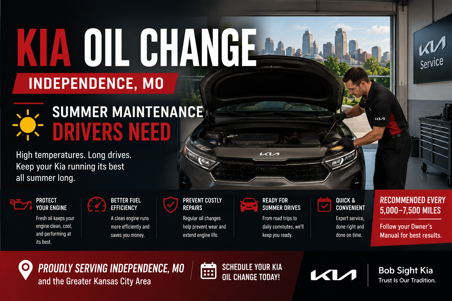 Kia oil change service in Independence Missouri at Bob Sight Kia for summer maintenance and Kansas City driving