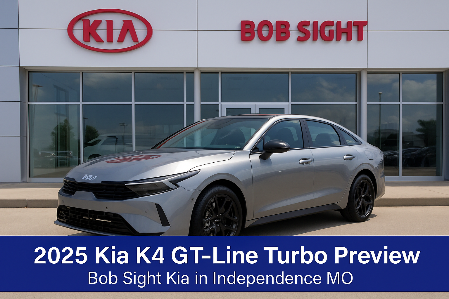 A high-resolution image of the 2025 Kia K4 GT-Line Turbo in front of Bob Sight Kia in Independence MO, showcasing its sleek EV-inspired design and bold front fascia.