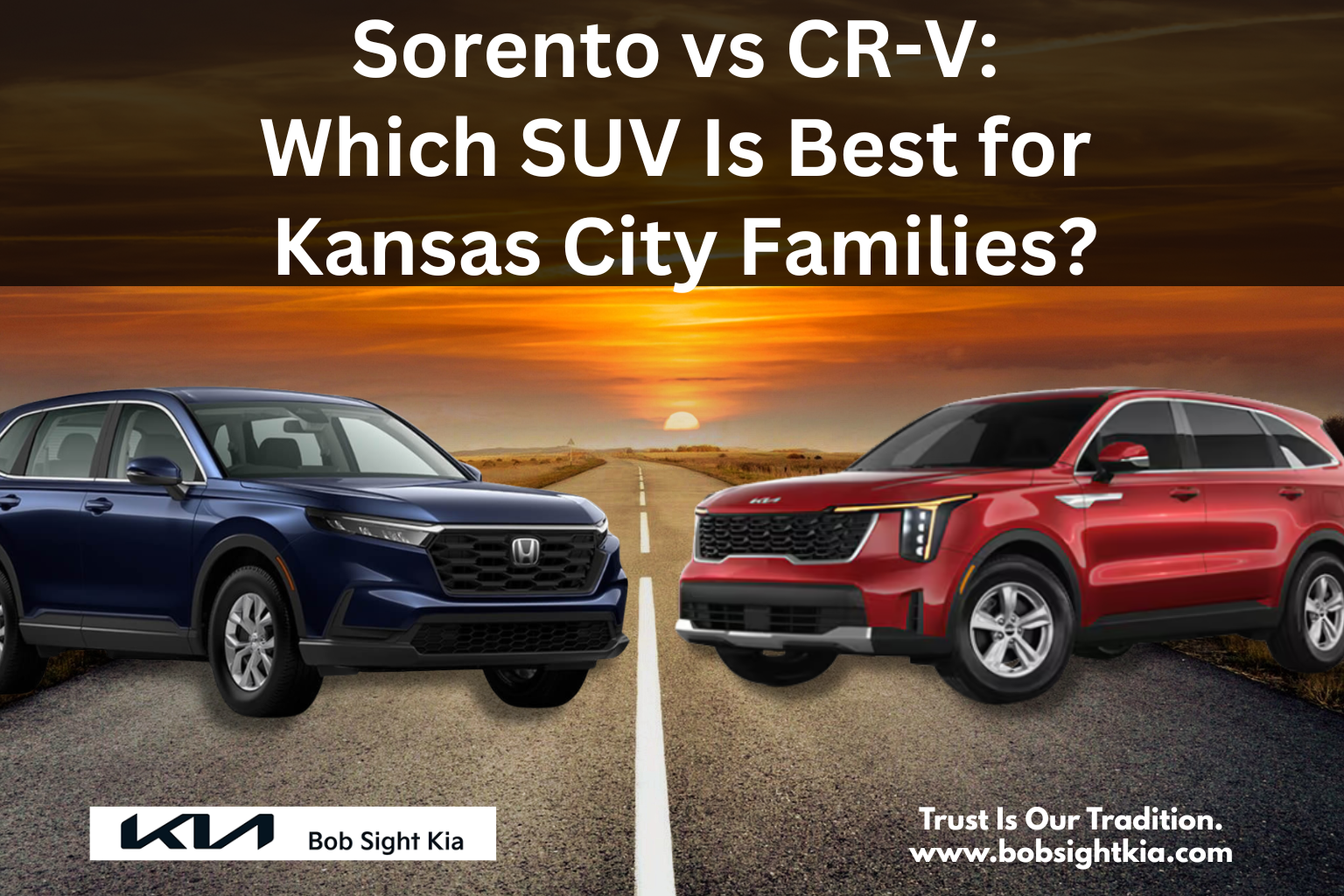 A family test driving a Kia Sorento at Bob Sight Kia in Independence MO, comparing features with a Honda CR-V to choose the best SUV for Kansas City driving.