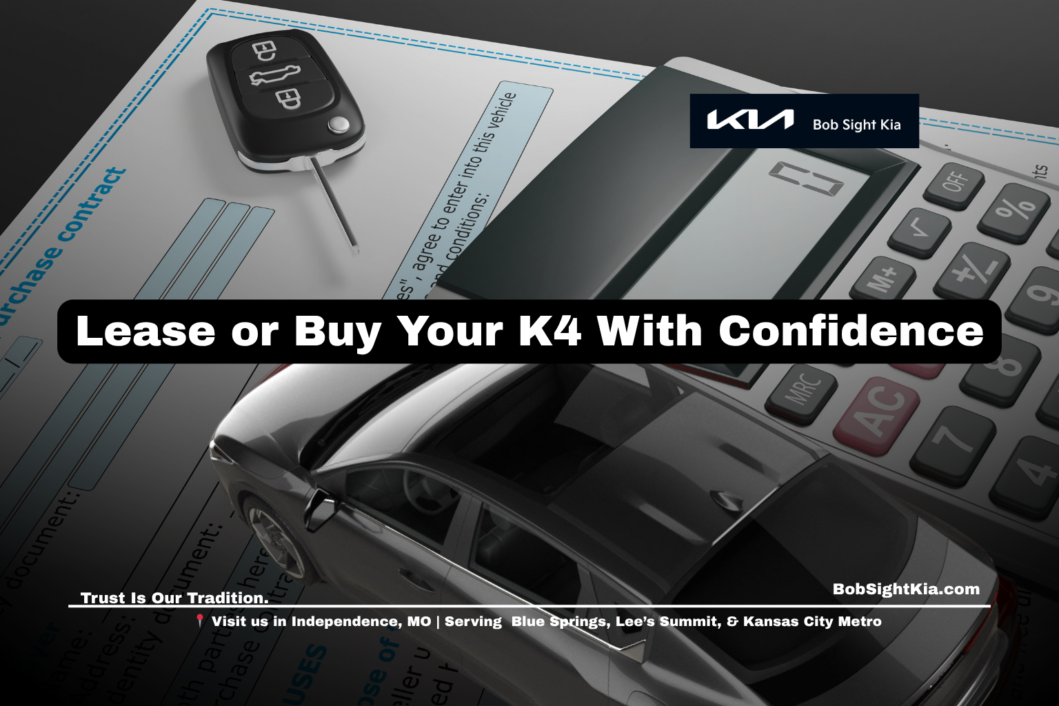 Kia K4 parked at Bob Sight Kia in Independence Missouri with a customer reviewing lease and finance options.