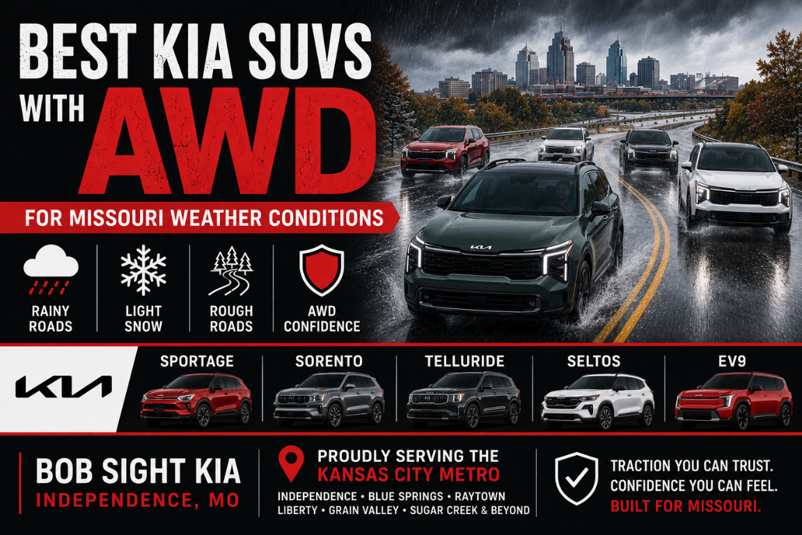 Bob Sight Kia lineup of AWD SUVs driving through rainy Missouri roads near the Kansas City skyline, featuring the Kia Sportage, Sorento, Telluride, Seltos, and EV9 to showcase all-weather confidence for drivers in Independence, MO and the Kansas City Metro.