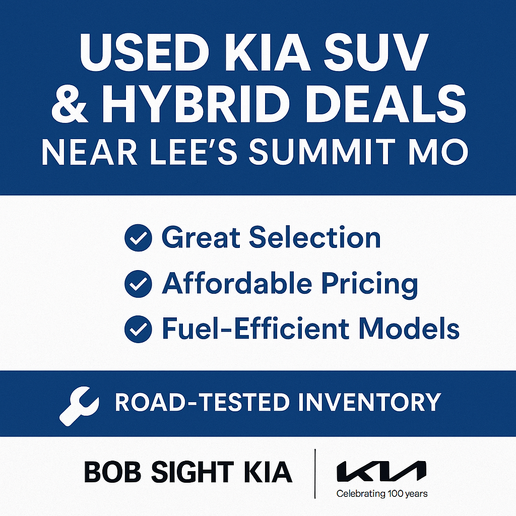 Promotional graphic from Bob Sight Kia highlighting used Kia SUV and hybrid deals near Lee’s Summit MO, featuring bold text and dealership branding.