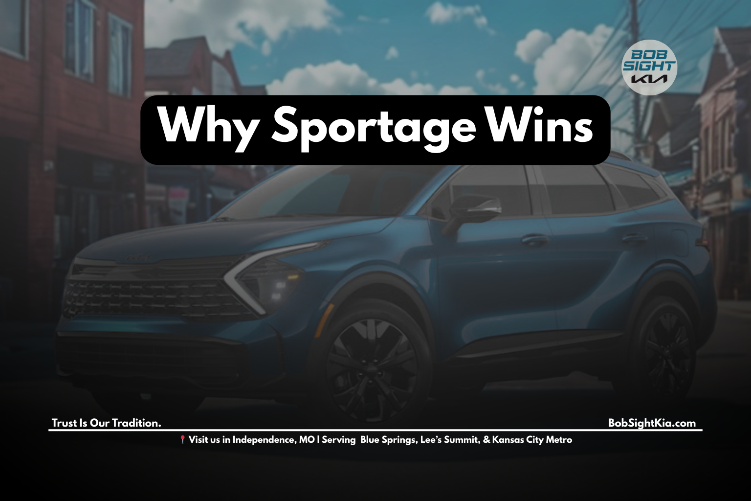 Kia Sportage driving through downtown Kansas City with city skyline in the background.