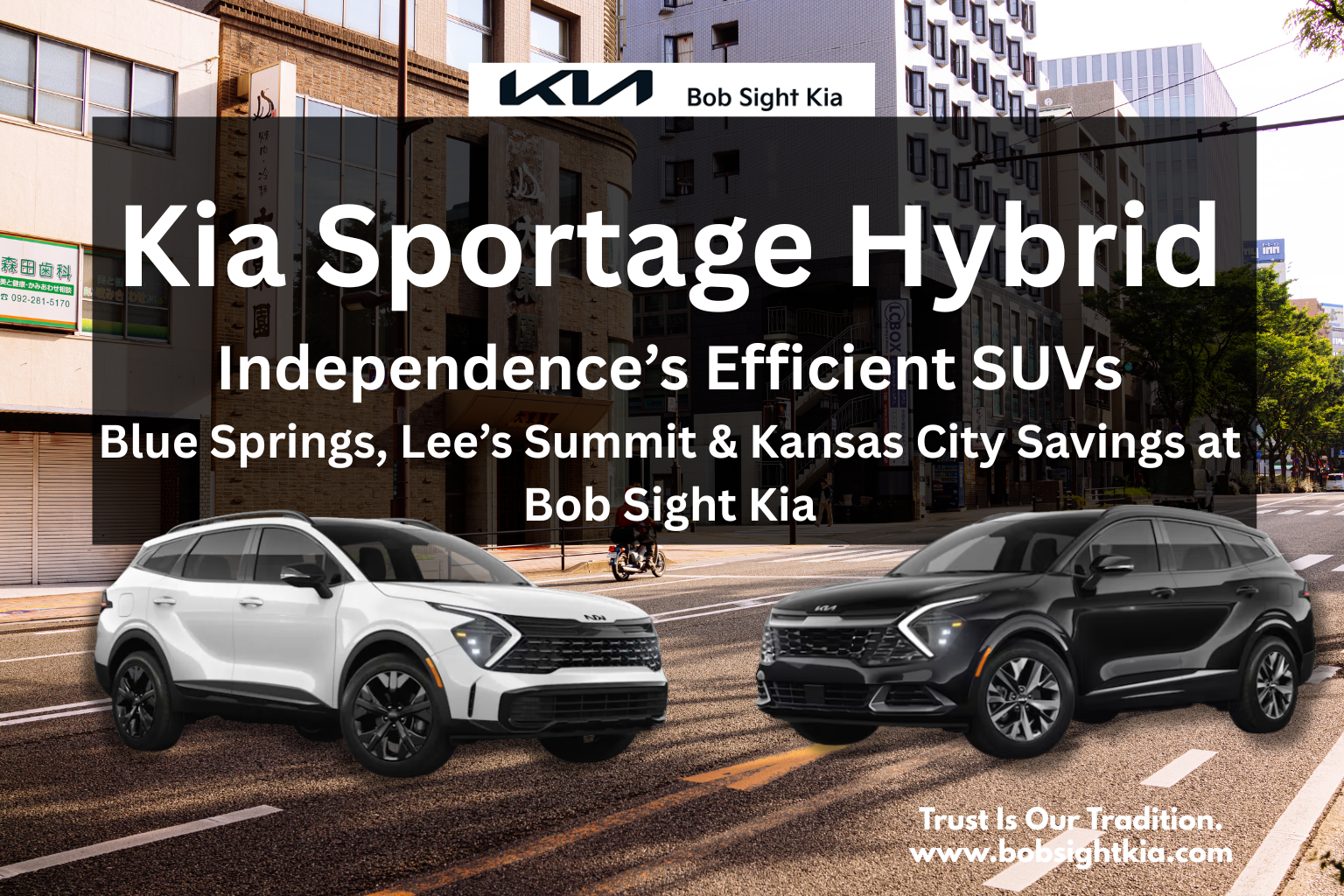 Kia Sportage Hybrid and Plug-In Hybrid lineup parked at Bob Sight Kia in Independence MO, showcasing different trims for Kansas City Metro drivers.
