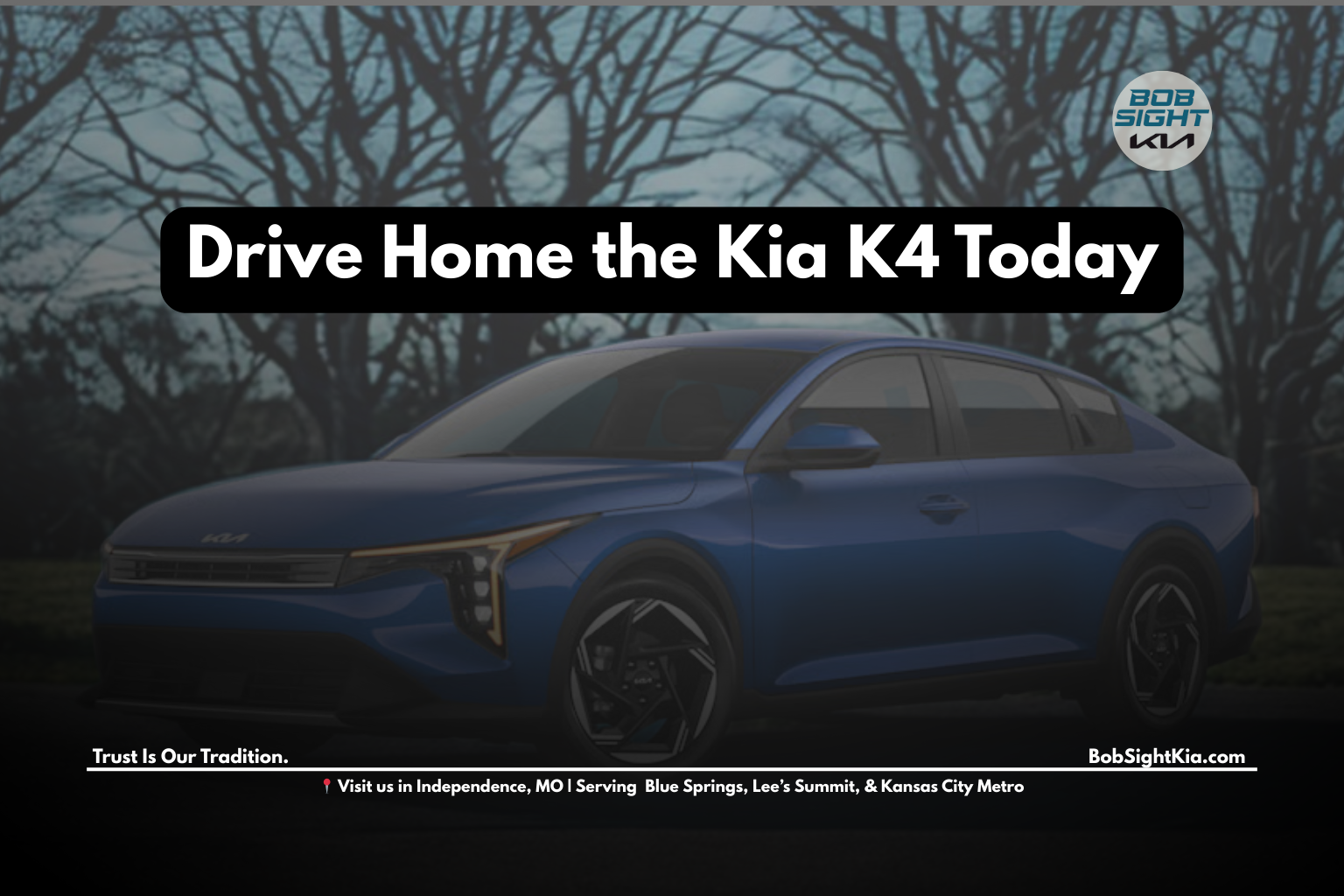 2025 Kia K4 sedan parked near the Bob Sight Kia dealership in Independence, MO.