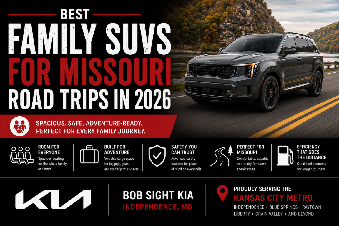 Bob Sight Kia Kia Telluride driving on a scenic Missouri highway, highlighting spacious family seating, advanced safety, cargo versatility, and road trip comfort for drivers in Independence, MO and the Kansas City Metro.