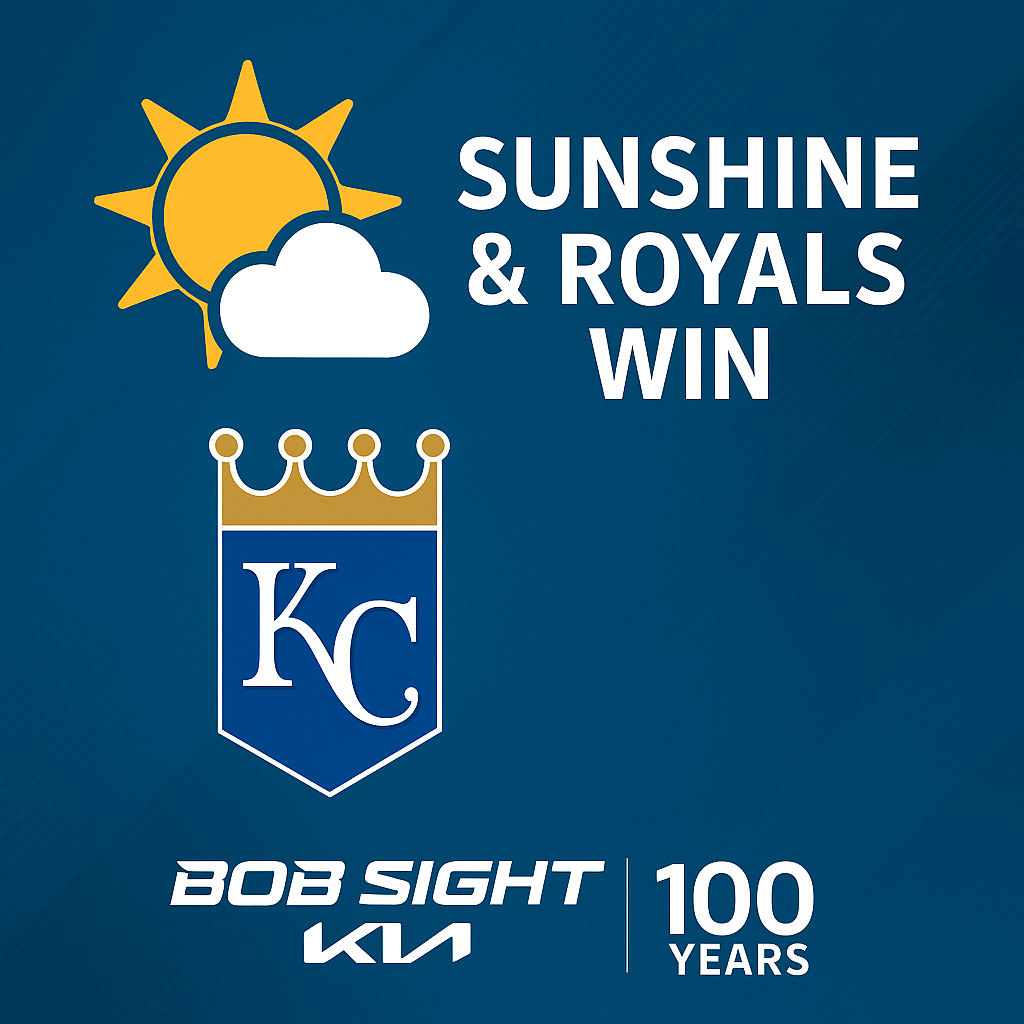 Bob Sight Kia promotional graphic showing a sunny weather forecast and Kansas City Royals baseball imagery, with dealership branding and the 100-year logo prominently displayed.