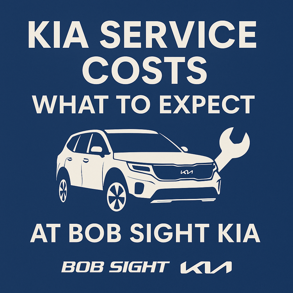 A clean promotional graphic with bold text that reads “Kia Service Costs – What to Expect at Bob Sight Kia,” set against a dark blue background with location details for Independence, Lee’s Summit, and Blue Springs.