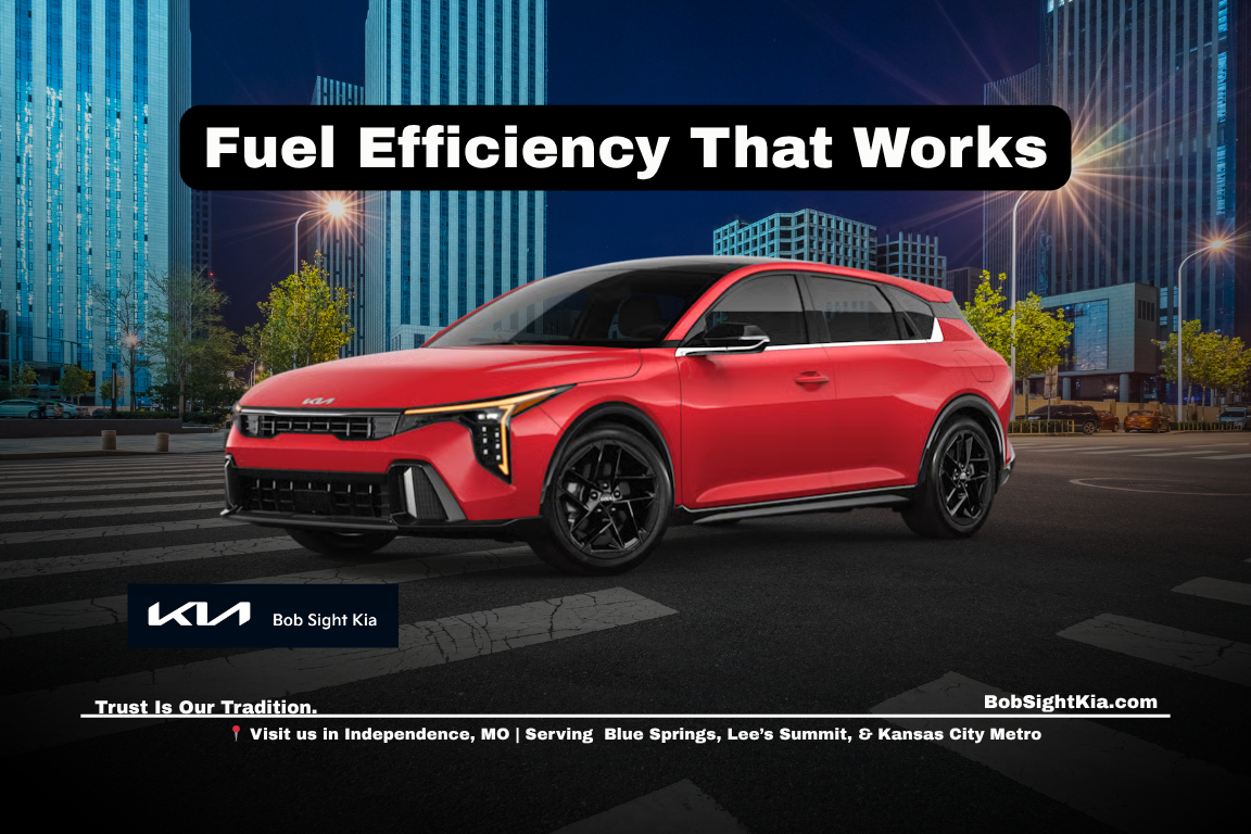2026 Kia K4 Hatchback driving in Independence Missouri highlighting fuel efficiency for Kansas City Metro commuters