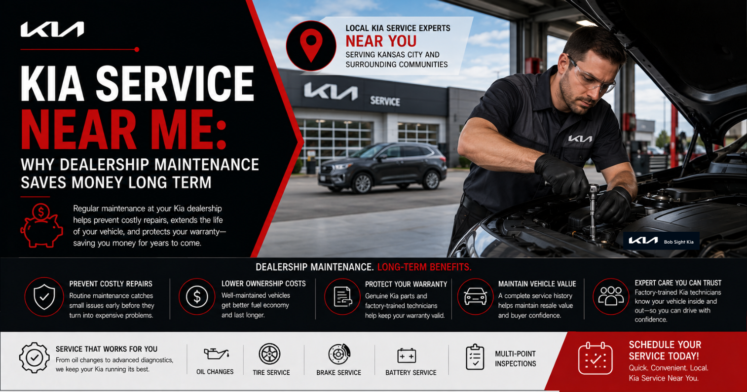 Bob Sight Kia graphic promoting Kia dealership service near you, featuring a factory-trained technician performing routine maintenance. Highlights how certified Kia service helps prevent costly repairs, lowers long-term ownership costs, protects your warranty, maintains vehicle value, and provides expert maintenance for Kansas City area drivers.
