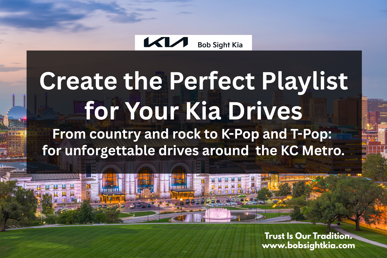 View from Kia Sorento parked outside Union state in Missouri and playlist icons overlay