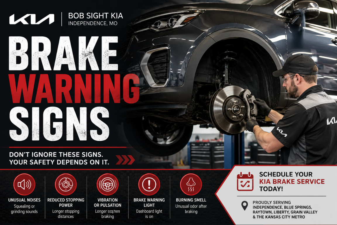 Kia brake pad replacement in Independence Missouri at Bob Sight Kia with signs that brake service should not wait