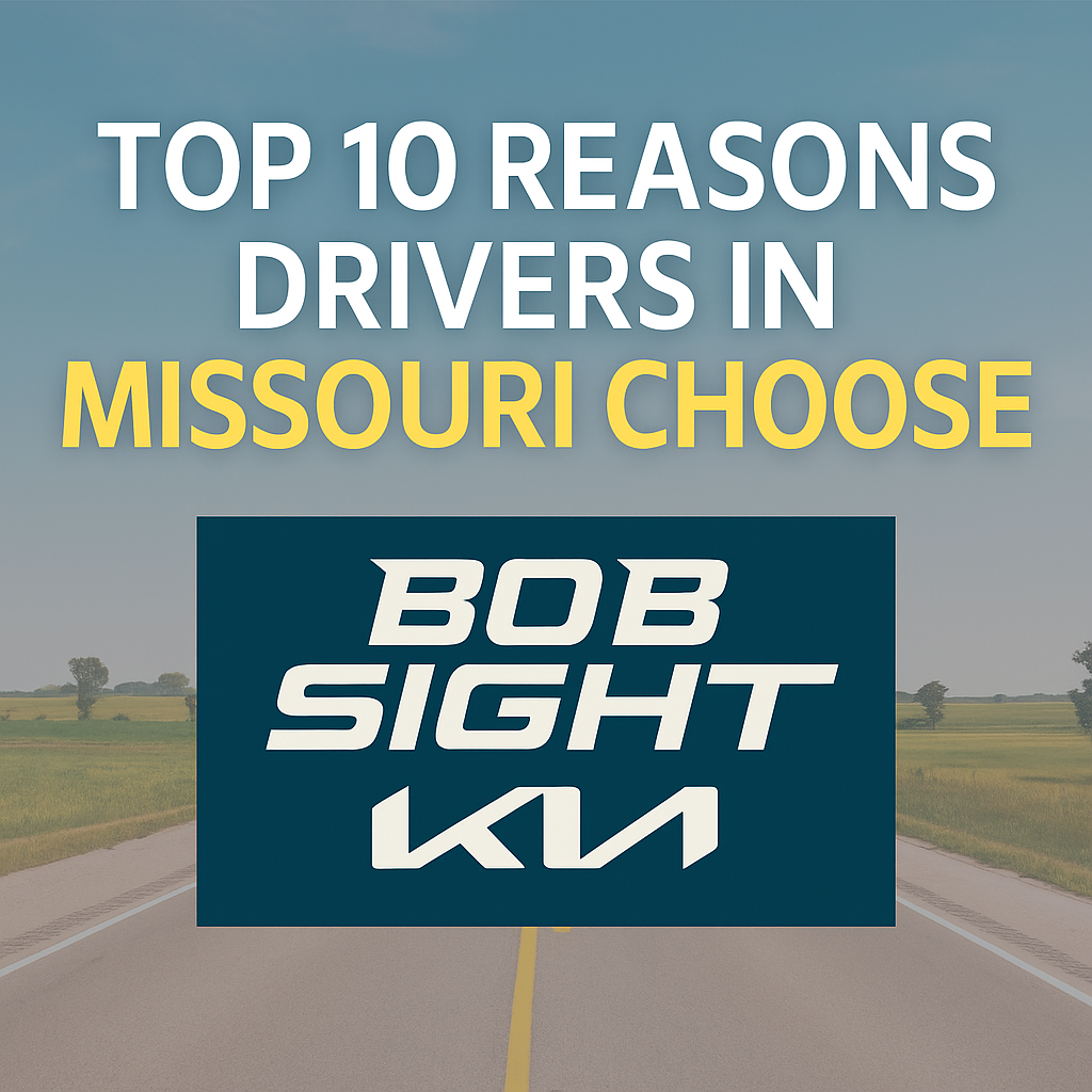 Branded graphic from Bob Sight Kia highlighting the top 10 reasons Missouri drivers choose the dealership, with a scenic road background and bold typography.