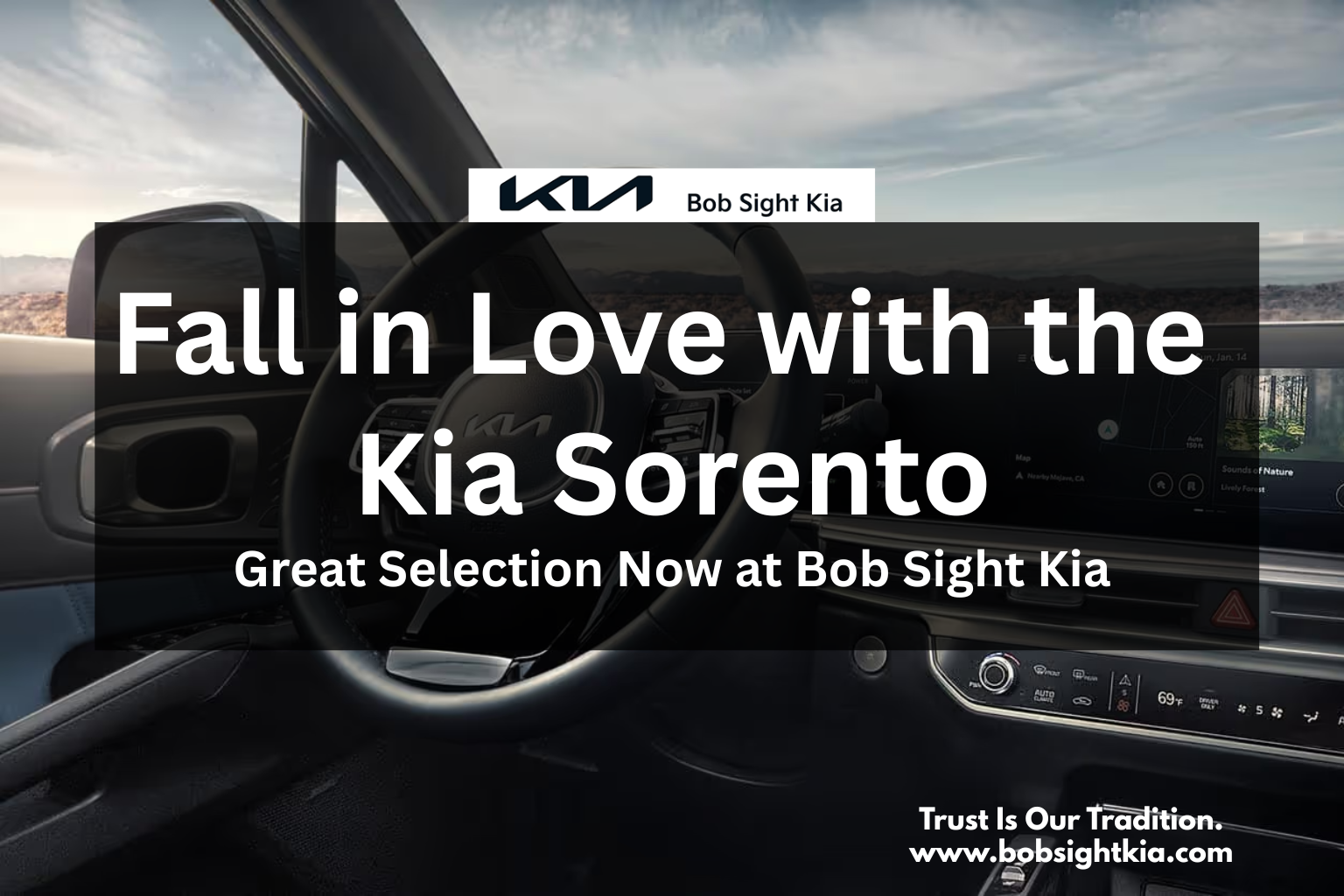 Inside of a Kia Sorento parked at Bob Sight Kia in Independence MO, serving Blue Springs, Lee’s Summit, and Kansas City Metro.
