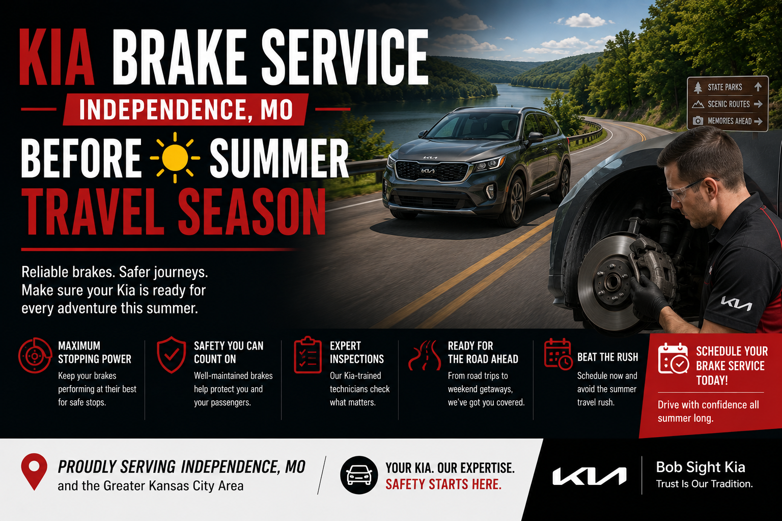 Kia brake service in Independence Missouri at Bob Sight Kia before summer travel season for Kansas City drivers