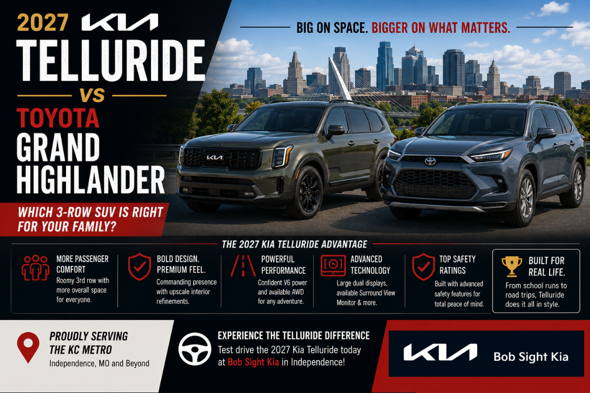 2027 Kia Telluride vs Toyota Grand Highlander family SUV comparison for Kansas City Metro drivers at Bob Sight Kia