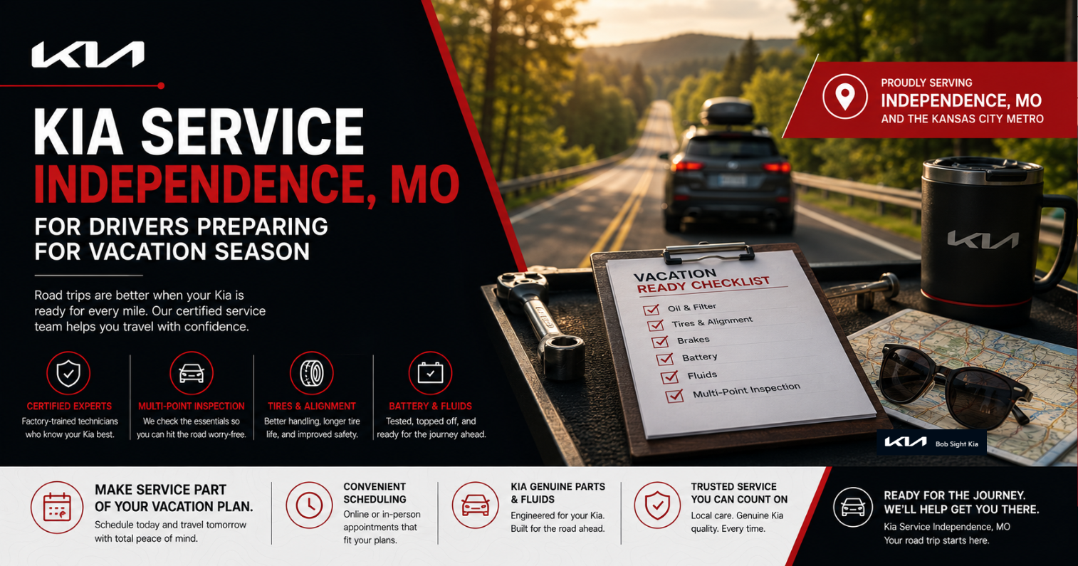 Bob Sight Kia service center promoting vacation-ready Kia maintenance, including multi-point inspections, tire service, battery checks, and oil changes for drivers in Independence, MO and the Kansas City Metro.