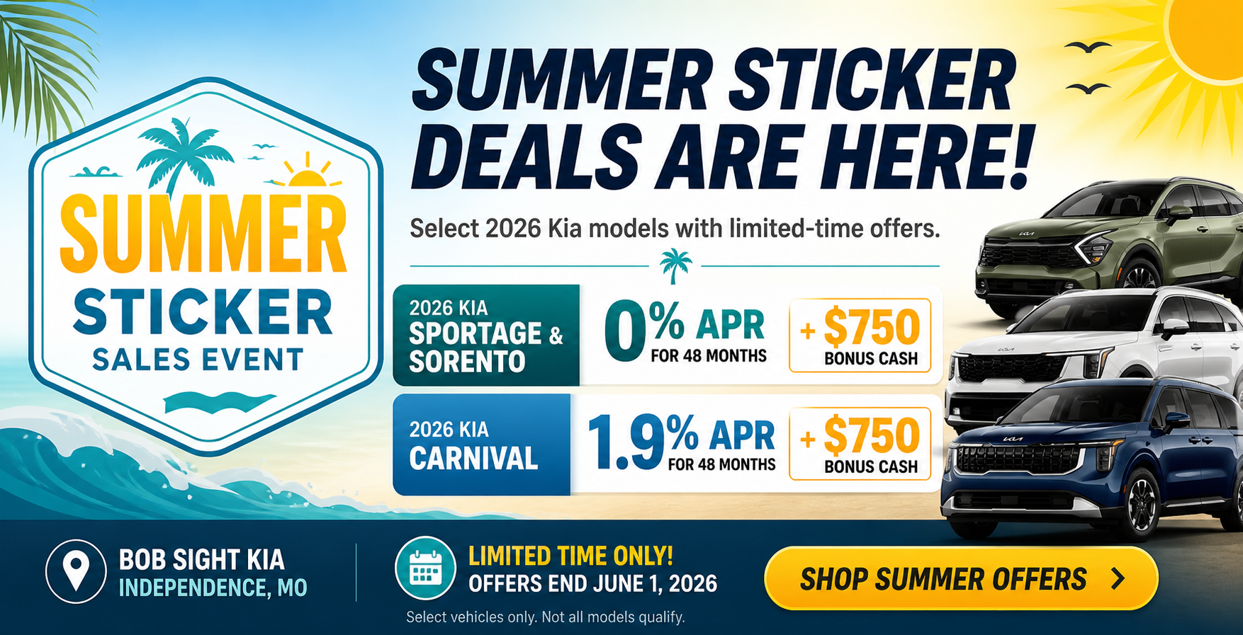 Summer Sticker Sales Event banner highlighting Kia Sportage, Sorento, and Carnival offers in Independence Missouri