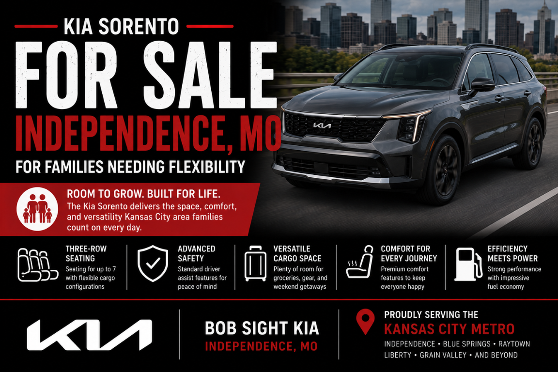 Bob Sight Kia Kia Sorento SUV driving near the Kansas City skyline, showcasing three-row seating, versatile cargo space, advanced safety, and family-friendly comfort for drivers in Independence, MO and the Kansas City Metro.
