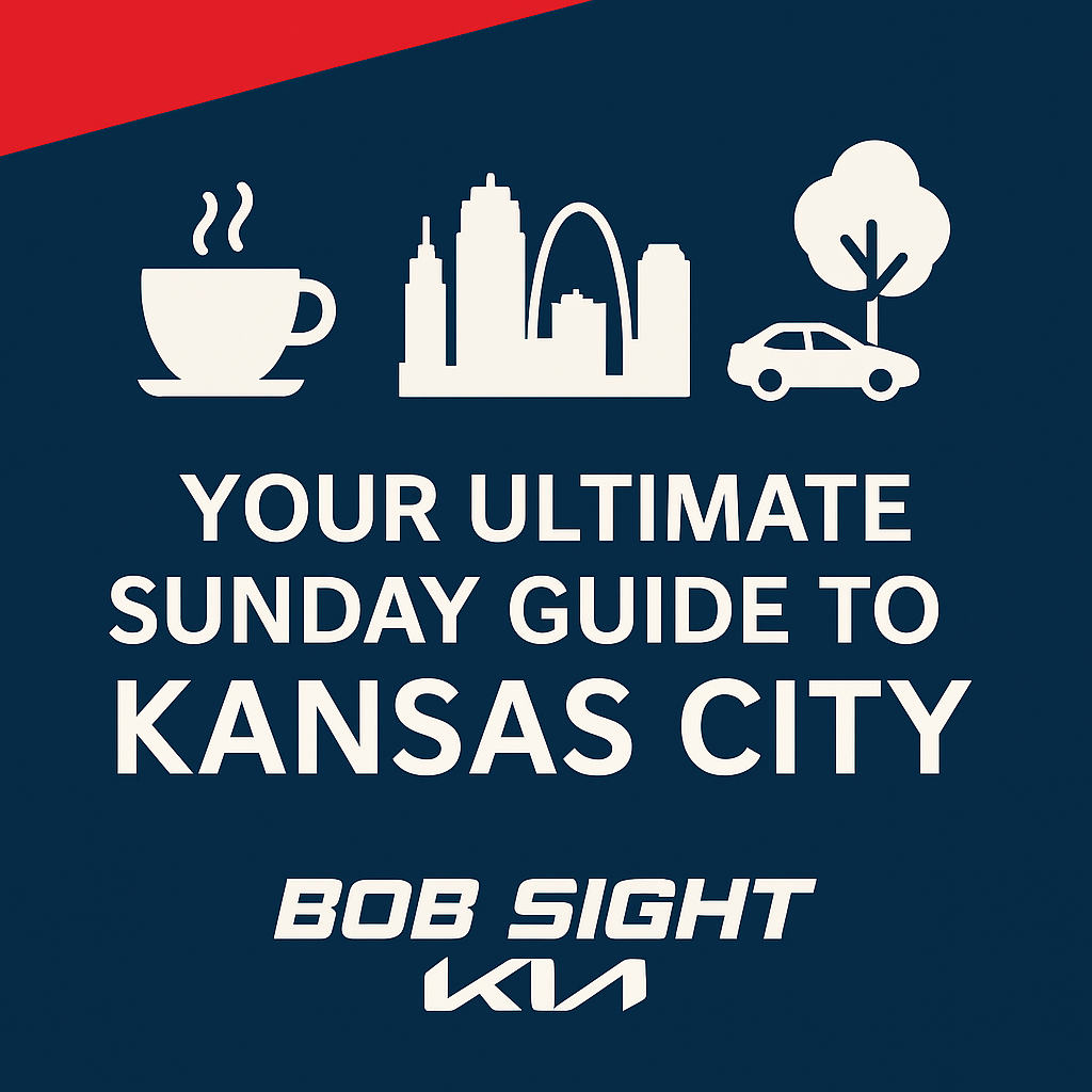 Promotional blog graphic for Bob Sight Kia's “Sunday in Kansas City” guide, featuring bold text over a deep blue background with the official dealership logo and tagline “Trust Is Our Tradition.”