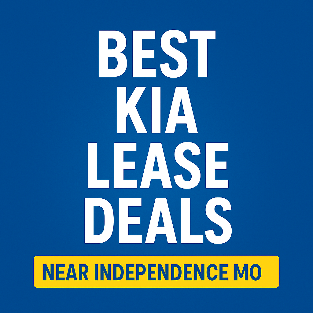 Clean digital graphic with white text reading "Best Kia Lease Deals" on a blue background and a yellow banner that says "Near Independence MO" in bold navy letters.
